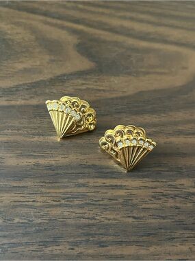 Vintage Gold Avon Fan Post Earrings with Rhinestones